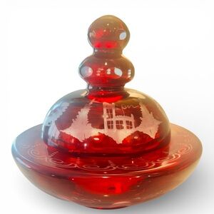 Egermann Ruby Red Cut to Clear Covered Candy Dish Czech Glass Etched Lidded Bowl